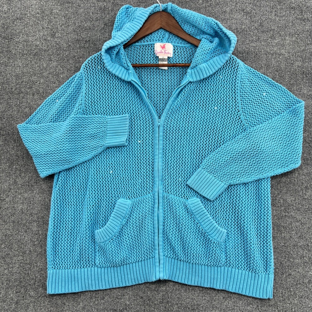 Y2K Quacker Factory Zip Up Hoodie Women 2X Blue Crochet Sequin Coastal Beach